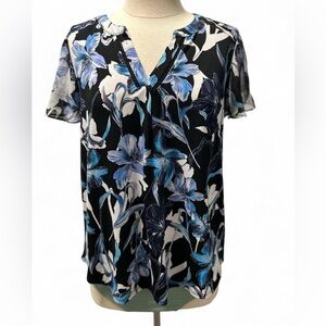 Roz & Ali Blue and Black Relaxed v-neck Blouse